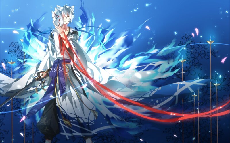 Anime Character with Sword — Blue, Dramatic, Night, Digital Art, Mask, Flames
