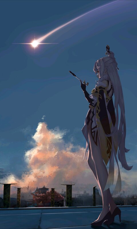 Anime Character with Sword — Blue, Dramatic, Night, Digital Art, Meteor
