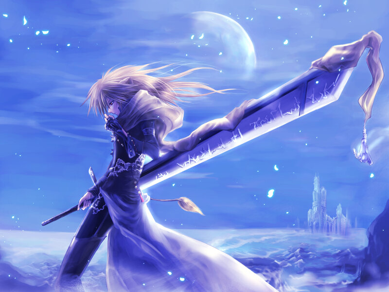Anime Character with Sword — Blue, Dramatic, Night, Digital Art, Moon, Castle