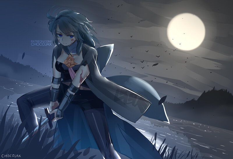 Anime Character with Sword — Blue, Dramatic, Night, Digital Art, Moon, River