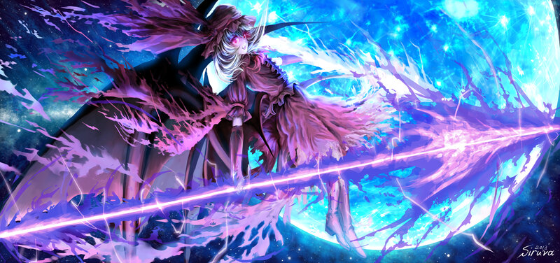Anime Character with Sword — Blue, Dramatic, Night, Digital Art, Moon, Space