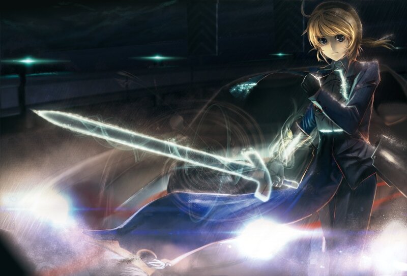 Anime Character with Sword — Blue, Dramatic, Night, Digital Art, Rain, Coat