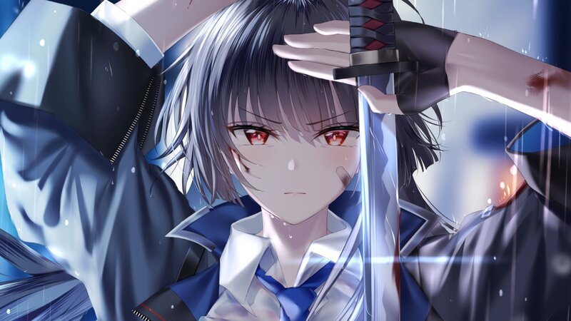 Anime Character with Sword — Blue, Dramatic, Night, Digital Art, Rain, School Uniform
