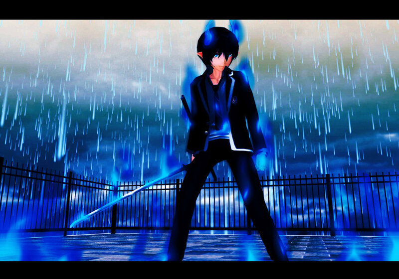Anime Character with Sword — Blue, Dramatic, Night, Digital Art, Rain