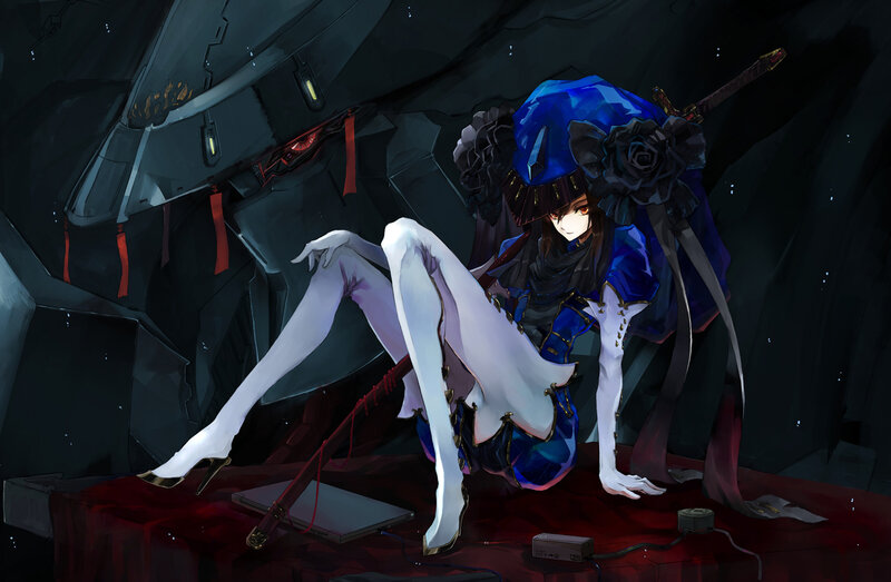 Anime Character with Sword — Blue, Dramatic, Night, Digital Art, Robotic Structure