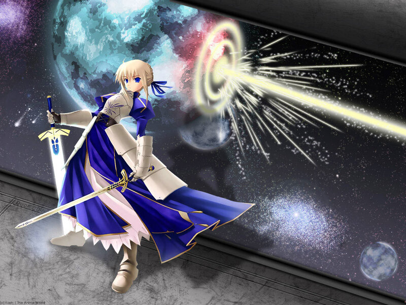 Anime Character with Sword — Blue, Dramatic, Night, Digital Art, Space