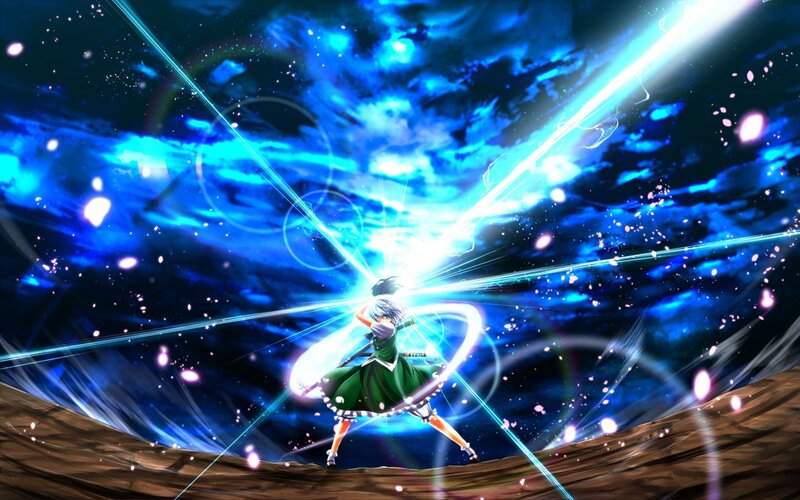 Anime Character with Sword — Blue, Dramatic, Night, Energy Beam