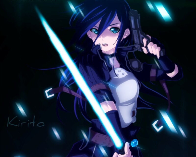 Anime Character with Sword — Blue, Dramatic, Night, Gun