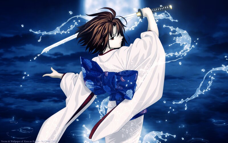 Anime Character with Sword — Blue, Dramatic, Night, Kimono, Water