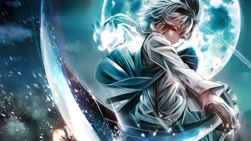 Anime Character with Sword — Blue, Dramatic, Night, Manga, Moon