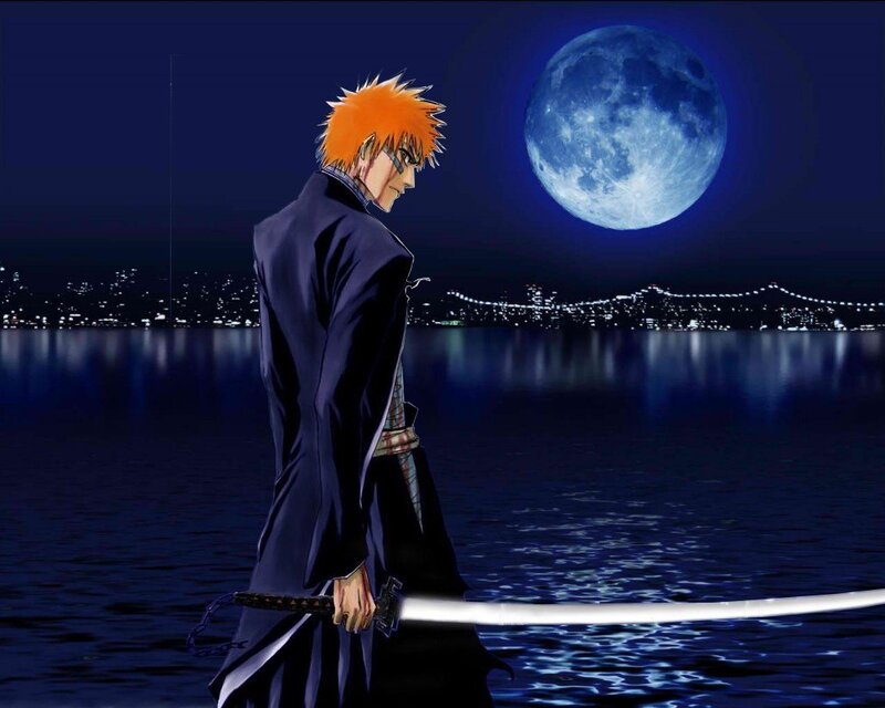Anime Character with Sword — Blue, Dramatic, Night, Moon, City Lights