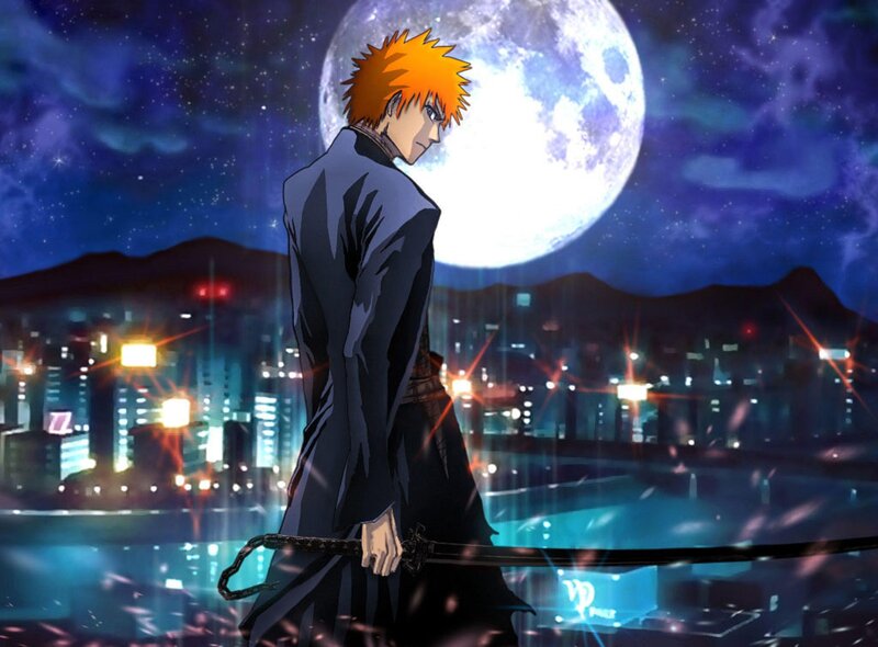 Anime Character with Sword — Blue, Dramatic, Night, Moon, Cityscape
