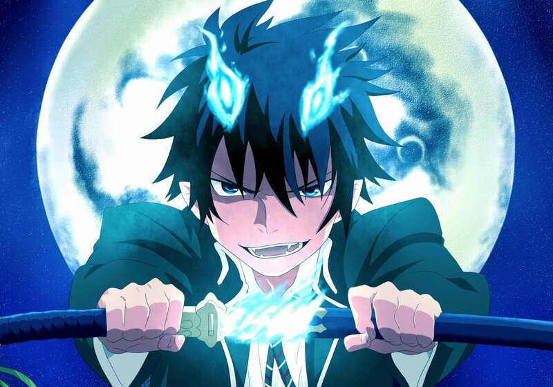 Anime Character with Sword — Blue, Dramatic, Night, Moon, Flame