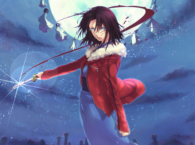 Anime Character with Sword — Blue, Dramatic, Night, Moon, Ghosts