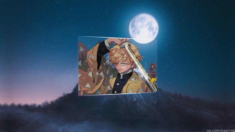 Anime Character with Sword — Blue, Dramatic, Night, Moon, Mountain
