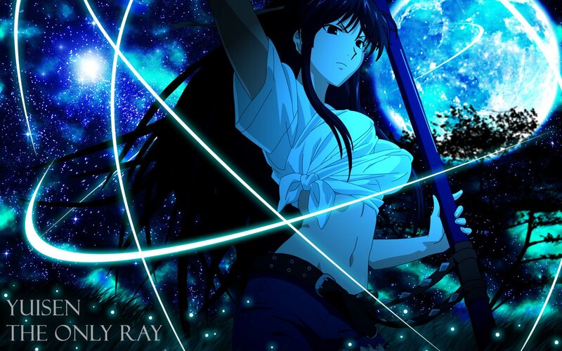 Anime Character with Sword — Blue, Dramatic, Night, Moon, Stars, Black