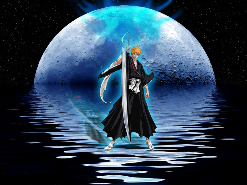 Anime Character with Sword — Blue, Dramatic, Night, Moon, Water