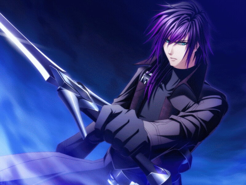 Anime Character with Sword — Blue, Dramatic, Night, Purple Hair