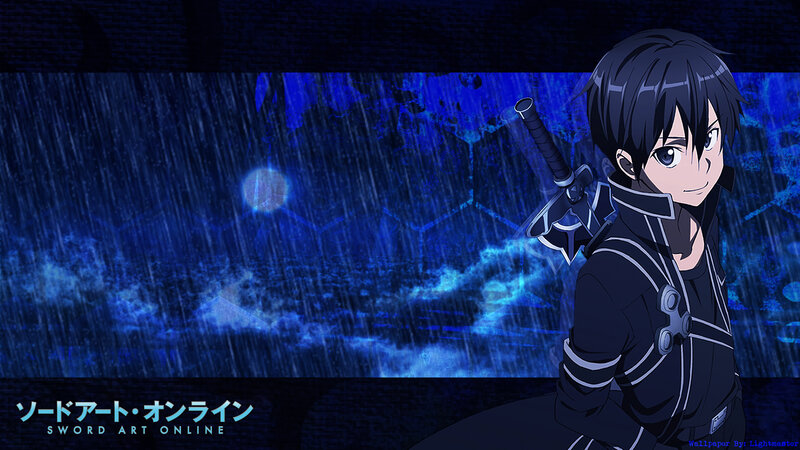 Anime Character with Sword — Blue, Dramatic, Night, Rain, Dark Background