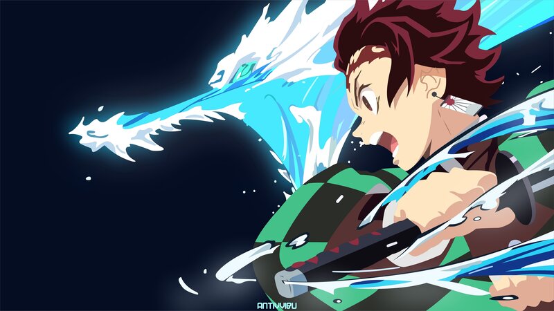 Anime Character with Sword — Blue, Dramatic, Night, Water