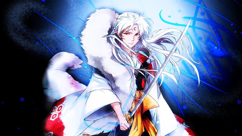 Anime Character with Sword — Blue, Dramatic, Night, White Hair