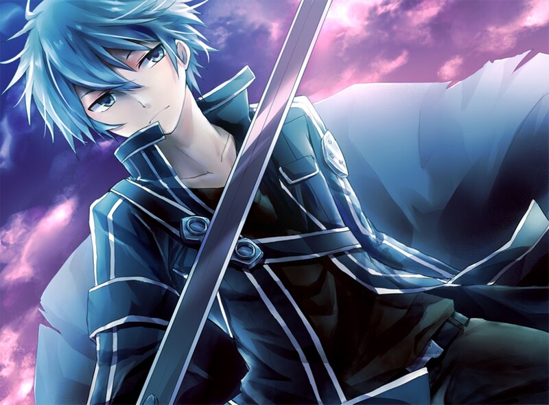 Anime Character with Sword — Blue, Dramatic, Sunset, Clouds