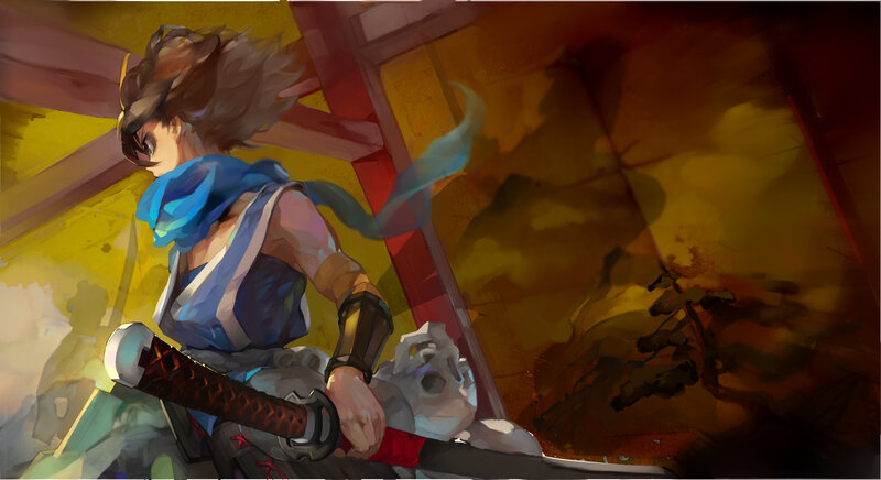 Anime Character with Sword — Blue, Dramatic, Sunset, Digital Art, Scarf