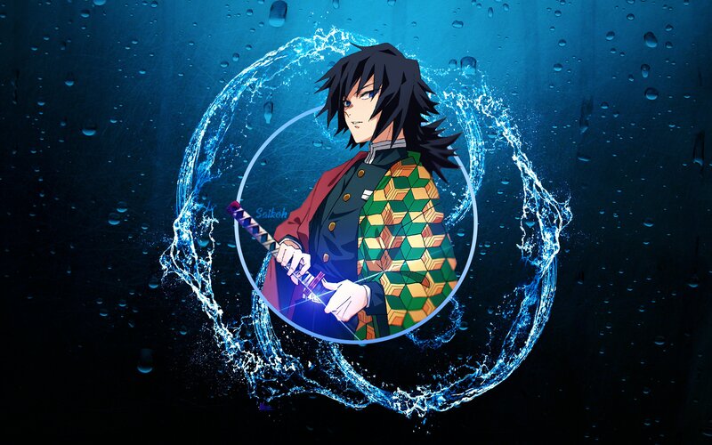 Anime Character with Sword — Blue, Dramatic, Water, Cloak