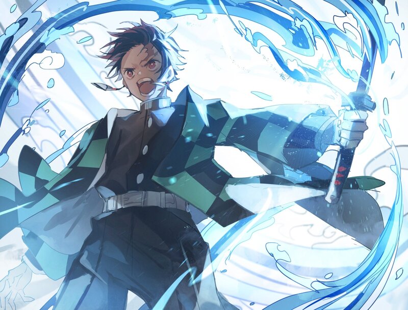 Anime Character with Sword — Blue, Dramatic, Water, Coat