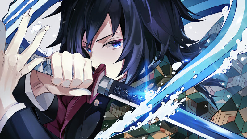 Anime Character with Sword — Blue, Dramatic, Water Effect