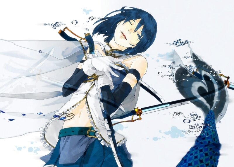 Anime Character with Sword — Blue, Dramatic, Water, Mermaid Tail