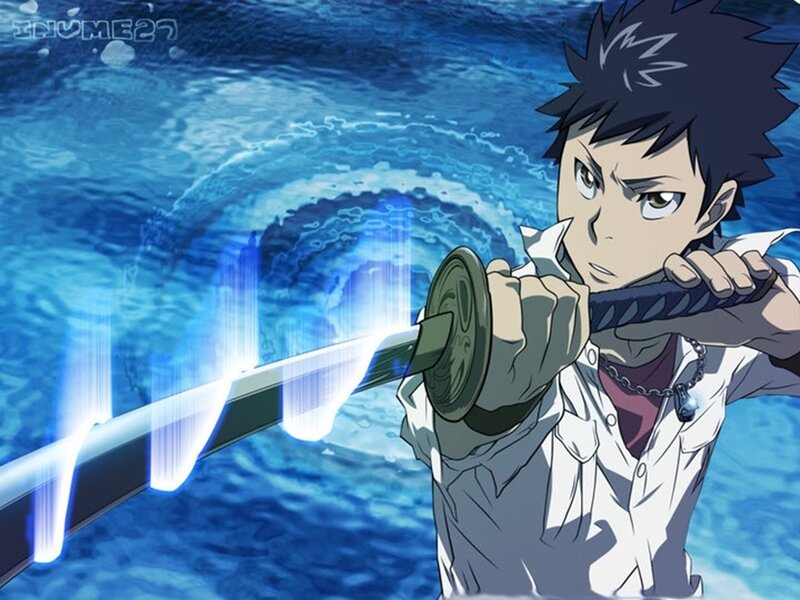 Anime Character with Sword — Blue, Dramatic, Water