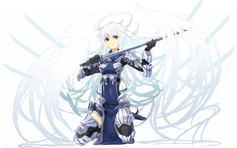 Anime Character with Sword — Blue, Dramatic, White Hair, Armor