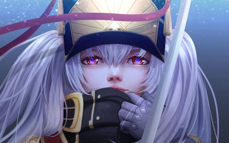 Anime Character with Sword — Blue, Dramatic, Winter, Digital Art, Helmet
