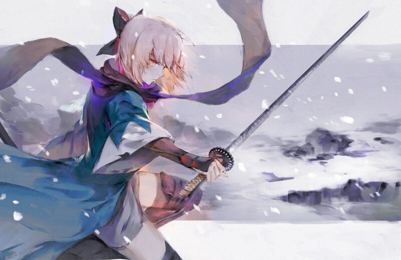 Anime Character with Sword — Blue, Dramatic, Winter, Digital Art, Snow