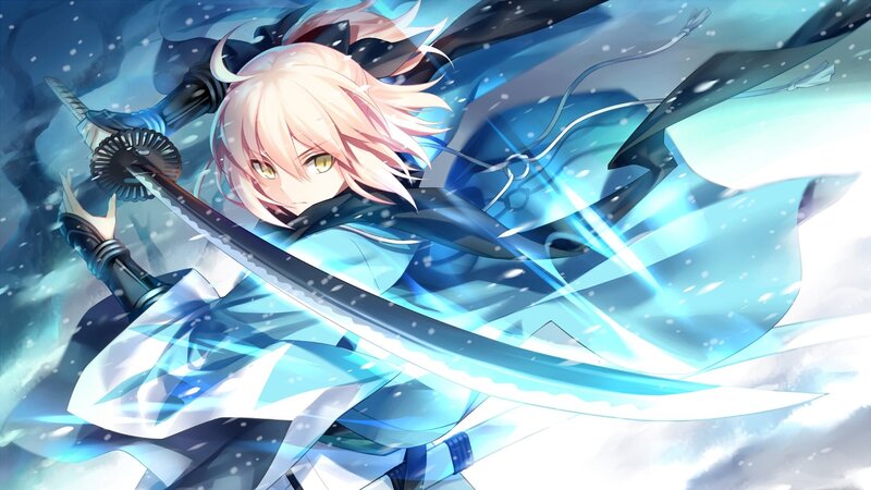 Anime Character with Sword — Blue, Dramatic, Winter, Digital Art