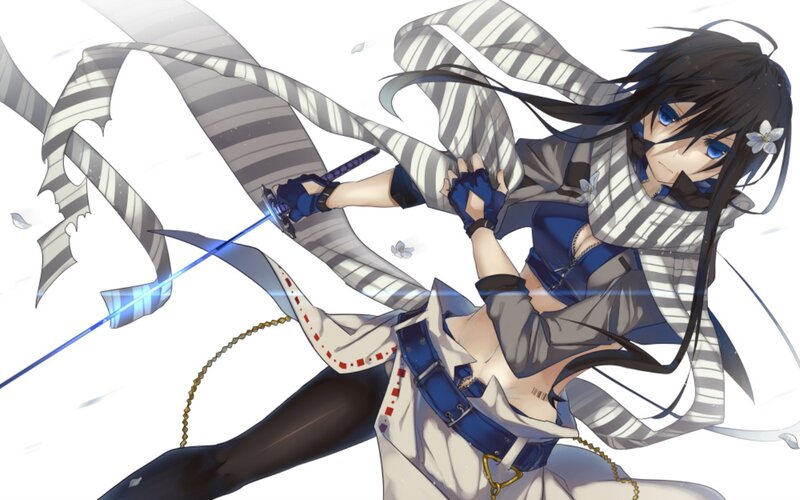 Anime Character with Sword — Blue, Dynamic, Digital Art, Scarf