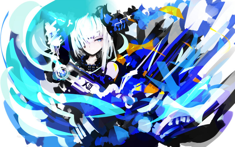 Anime Character with Sword — Blue, Dynamic, Digital Art, White Hair