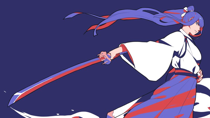 Anime Character with Sword — Blue, Dynamic, Night, Ribbon, Kimono