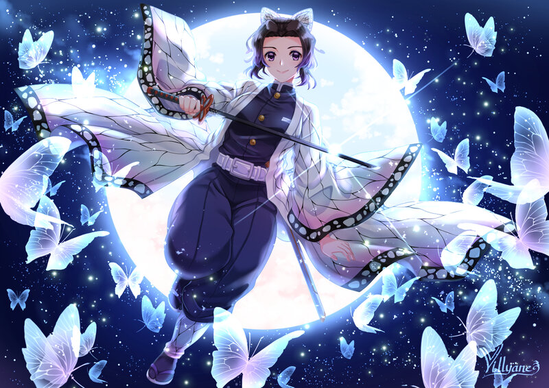 Anime Character with Sword — Blue, Serene, Night, Digital Art