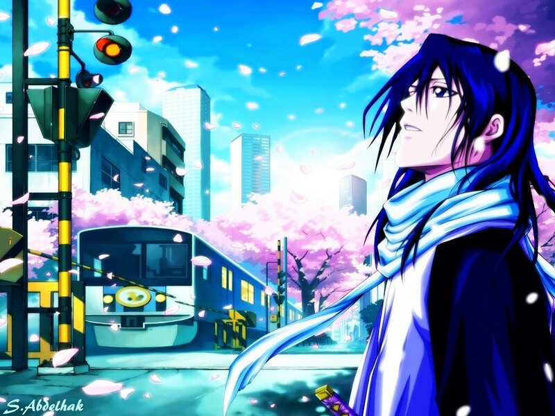 Anime Character with Sword — Blue, Serene, Spring