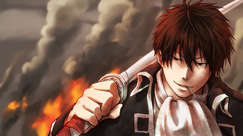 Anime Character with Sword — Brown, Dramatic, Fire