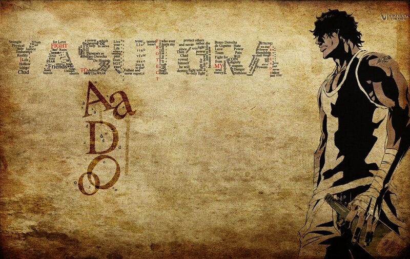 Anime Character with Sword — Brown, Dramatic, Manga, Text Collage