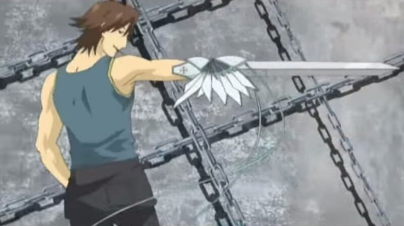 Anime Character with Sword — Gray, Dramatic, Chains