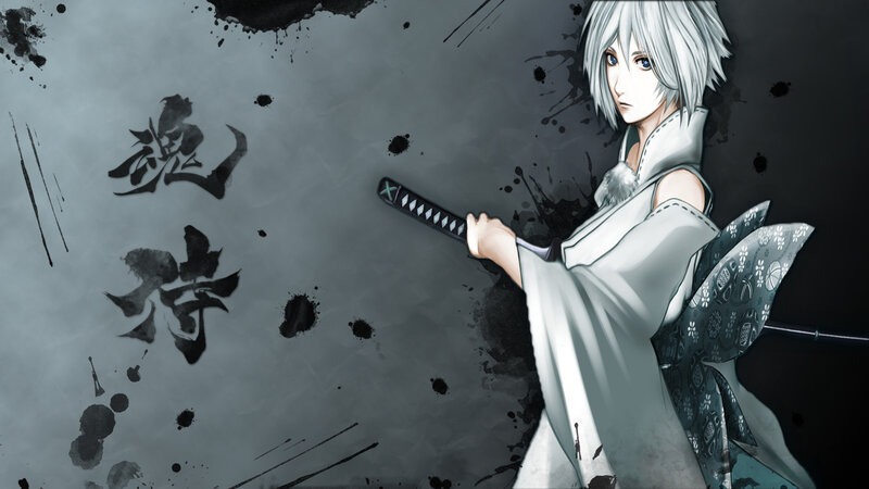 Anime Character with Sword — Gray, Dramatic, Digital Art, Calligraphy