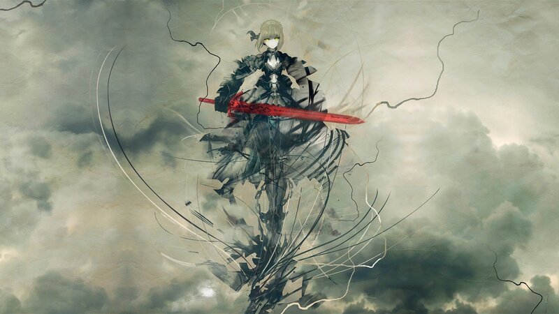 Anime Character with Sword — Gray, Dramatic, Digital Art, Clouds