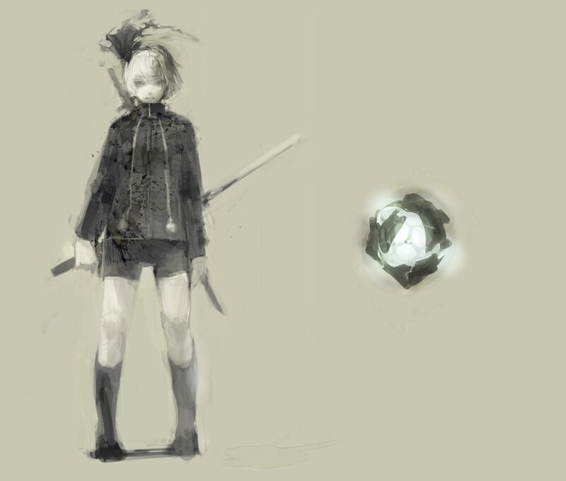 Anime Character with Sword — Gray, Dramatic, Digital Art, Glowing Orb