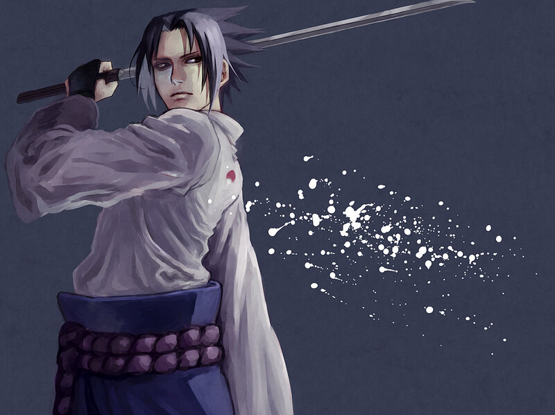 Anime Character with Sword — Gray, Dramatic, Digital Art, Splatter