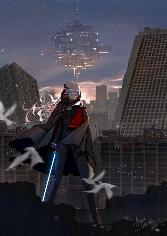 Anime Character with Sword — Gray, Dramatic, Sunset