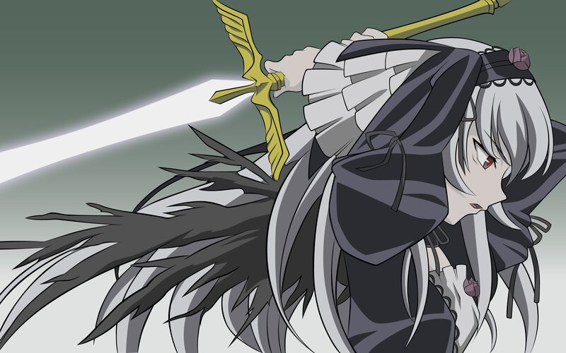 Anime Character with Sword — Gray, Dramatic, Wings, Long Hair